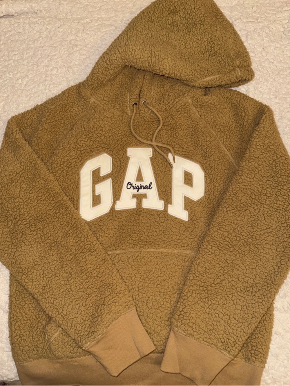 GAP Teddy Sherpa Hoodie in Camel Brown with White Logo